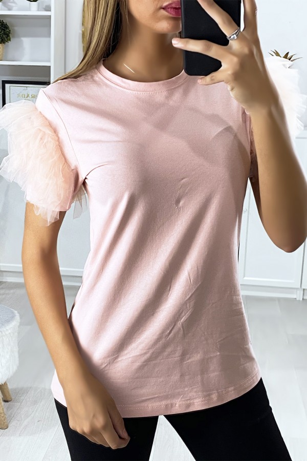 T-shirt rose avec manches froufrou en tulle - 2