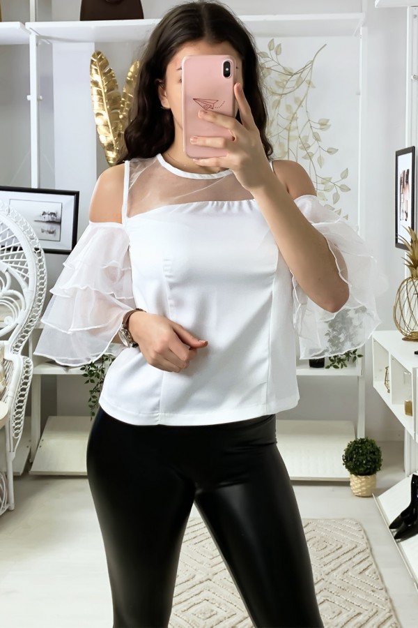 Top blanc satiné avec manches volante et buste en tulle - 5