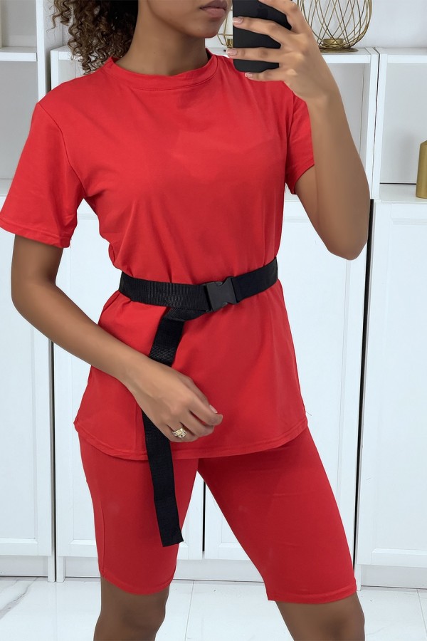 Ensemble T-shirt et cycliste rouge avec ceinture - 1