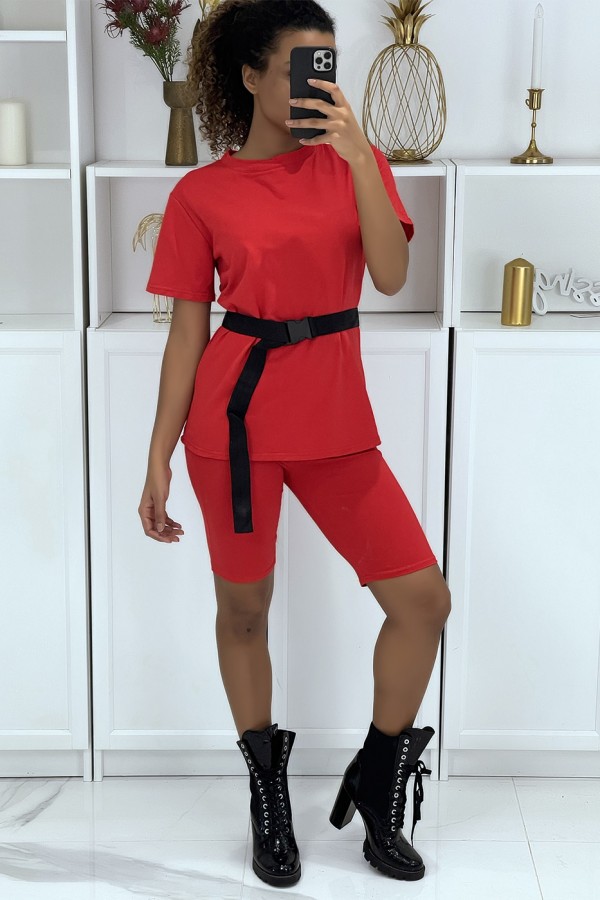 Ensemble T-shirt et cycliste rouge avec ceinture - 3