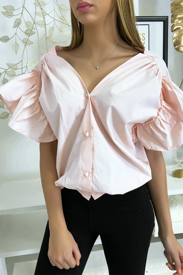 Blouse chemise rose boutonnés à l'avant  avec volant aux manches et fronce aux épaules - 1