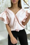 Blouse chemise rose boutonnés à l'avant  avec volant aux manches et fronce aux épaules - 3