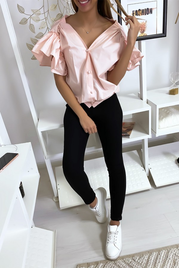 Blouse chemise rose boutonnés à l'avant  avec volant aux manches et fronce aux épaules - 5