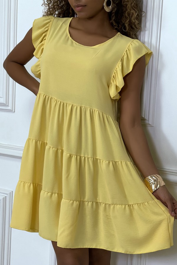 Robe jaune froncée à volant et coupe évasée - 4