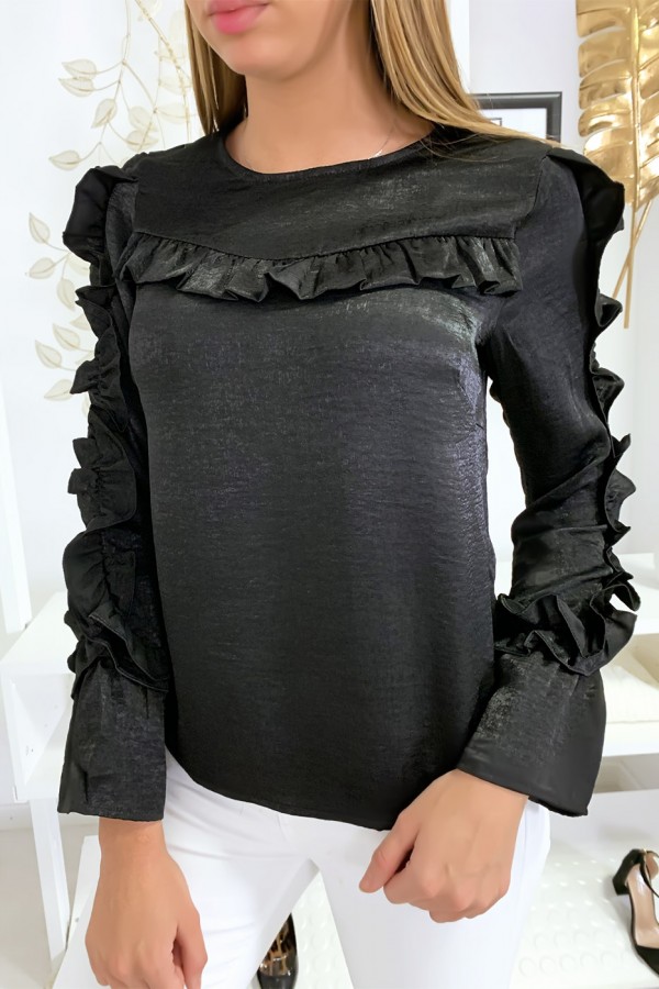 Blouse noir matière brillante avec froufrou au buste et aux manches - 1