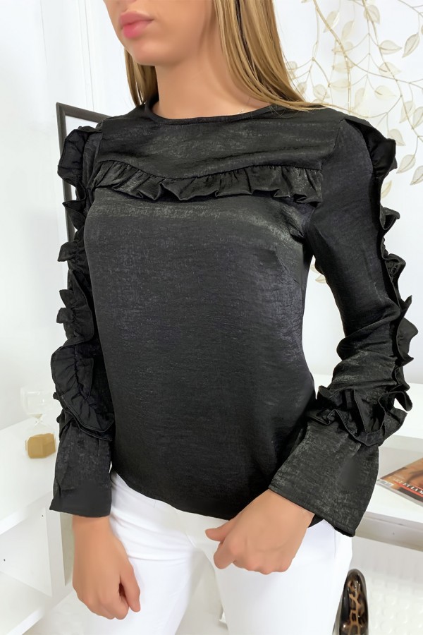 Blouse noir matière brillante avec froufrou au buste et aux manches - 2