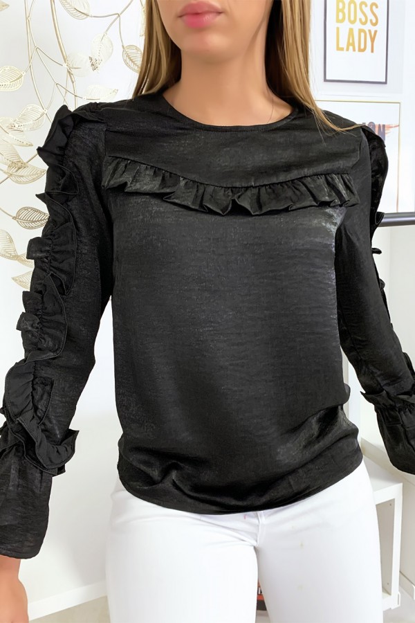 Blouse noir matière brillante avec froufrou au buste et aux manches - 3