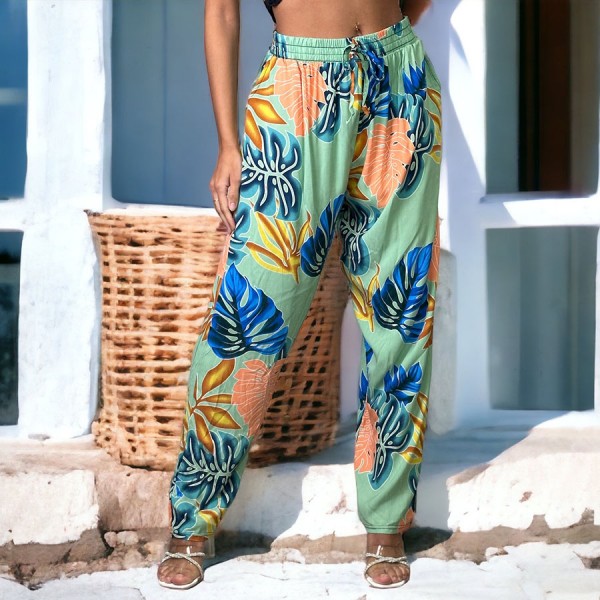 Pantalon palazzo vert imprimé tropical - 2