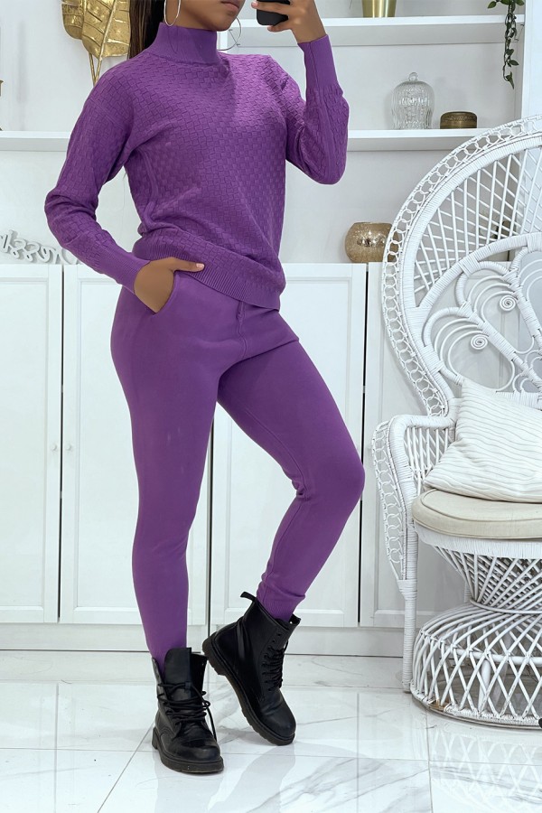 Ensemble d'hiver 3 pièces violet doudoune et jogging côteléStyle casual chic et cocooning - 1