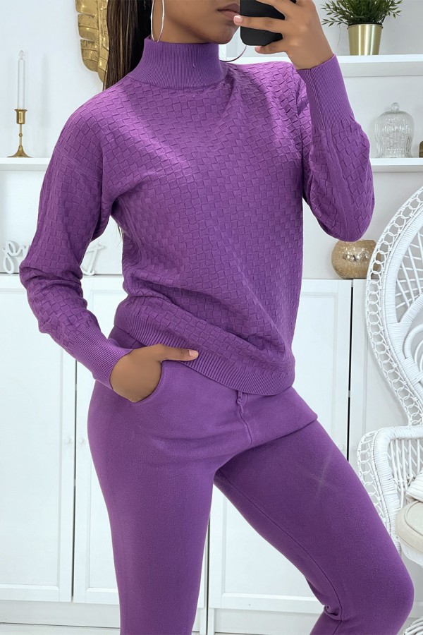 Ensemble d'hiver 3 pièces violet doudoune et jogging côteléStyle casual chic et cocooning - 2