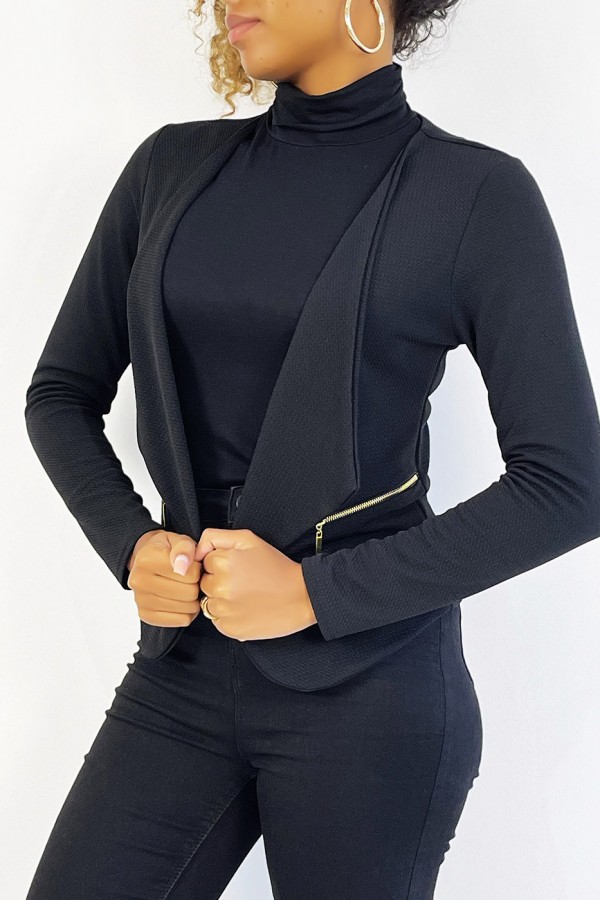 Blazer noir col revers avec poches à zip. Blazer femme pas cher - 1