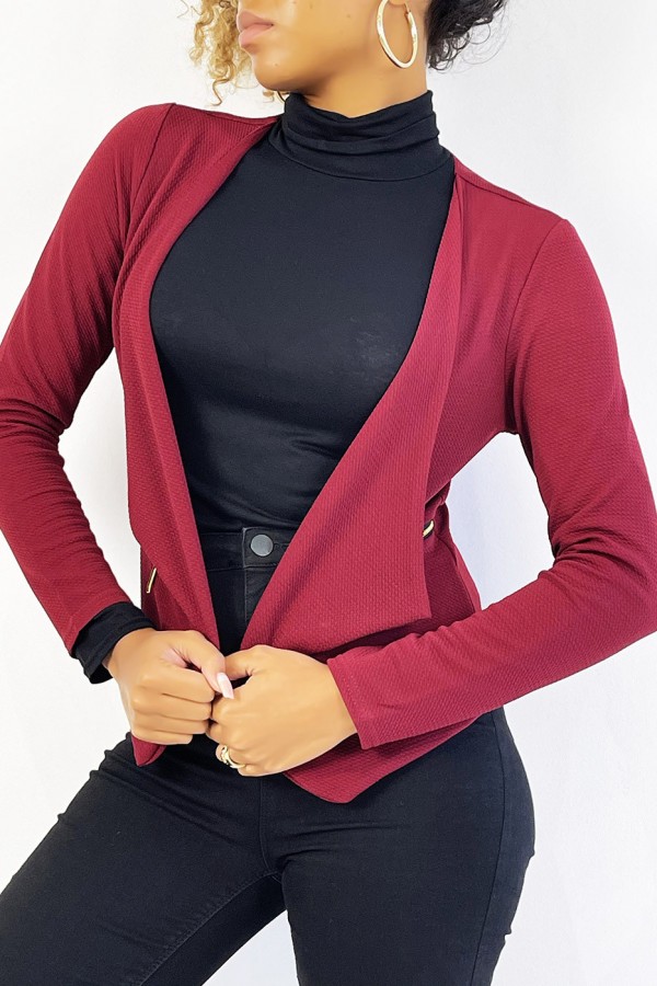 Blazer bordeaux col revers avec poches à zip. Blazer femme pas cher - 4