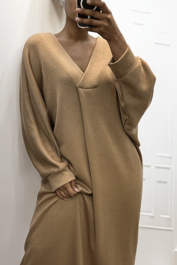 Longue robe pull over size col V Camel  - 1