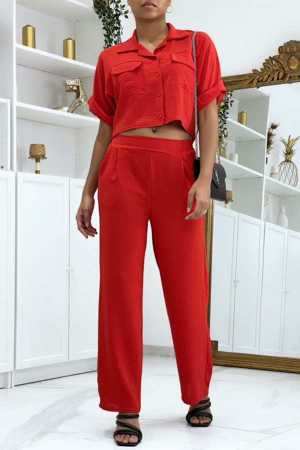 Ensemble chemise saharienne et pantalon palazzo rouge - 2