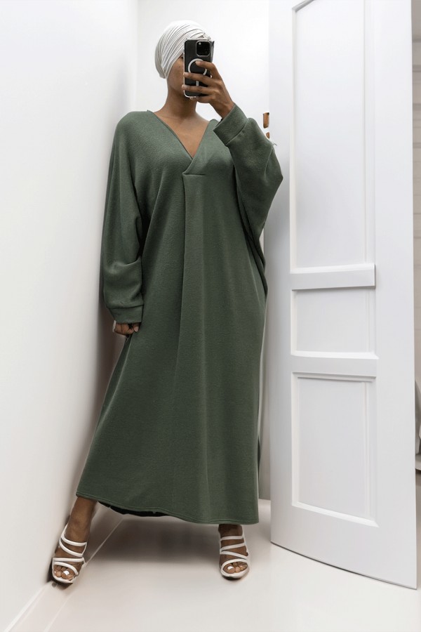 Longue robe pull over size col V kaki  - 4