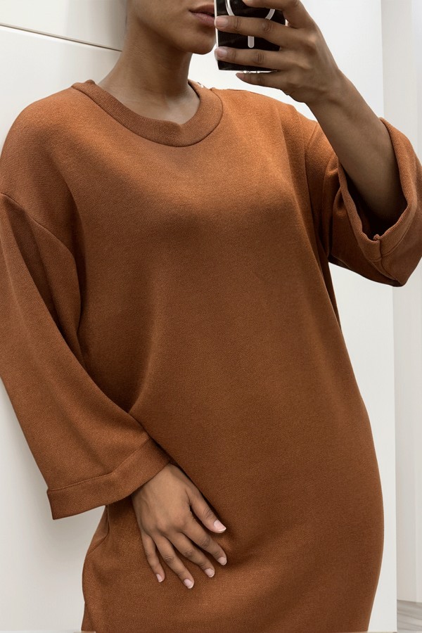 Longue robe pull over size col rond cognac  - 1