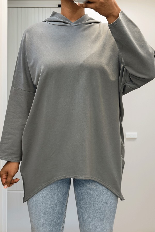 Sweat anthracite à capuche style asymétrique et loose avec fermeture sur le côté - 6