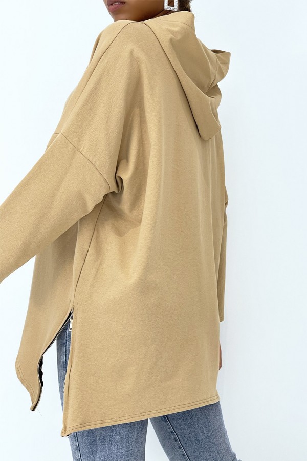 Sweat camel à capuche style asymétrique et loose avec fermeture sur le côté - 4