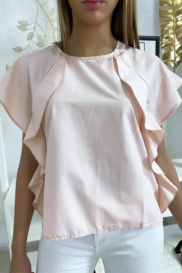 Blouse rose à volant avec trois boutons à l'épaules - 1