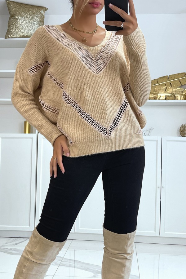 Pull col V en taupe over size avec dentelle dans une belle matière douce - 1