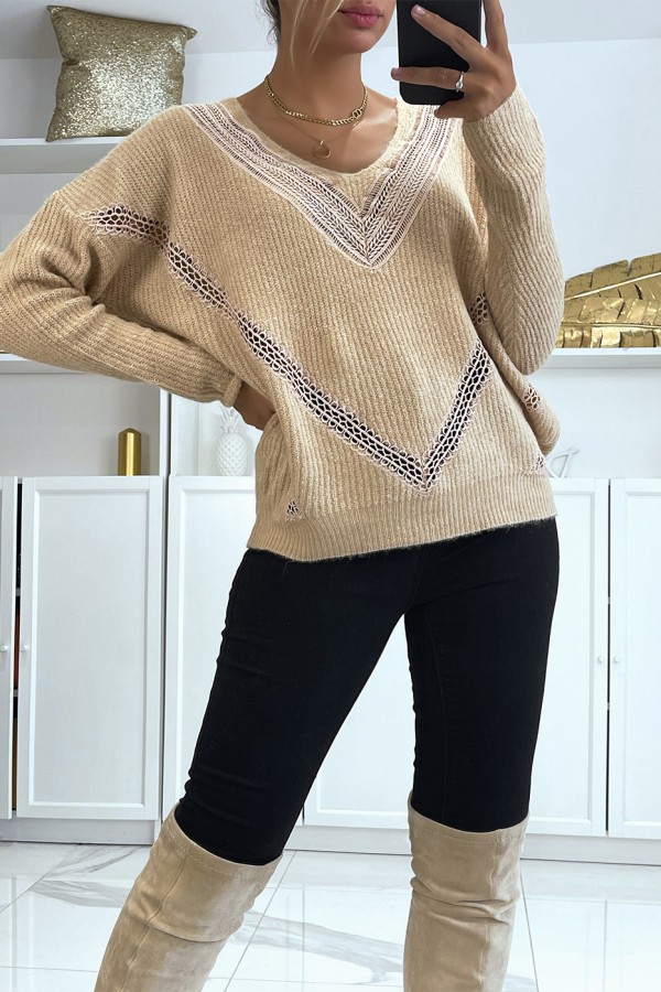 Pull col V en taupe over size avec dentelle dans une belle matière douce - 2