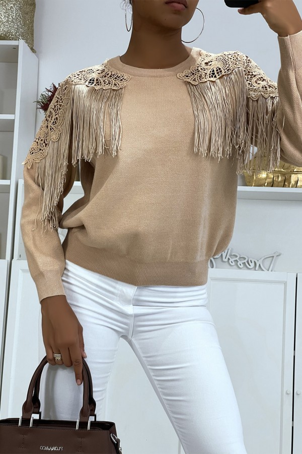 Pull taupe à dentelle et franges - 1