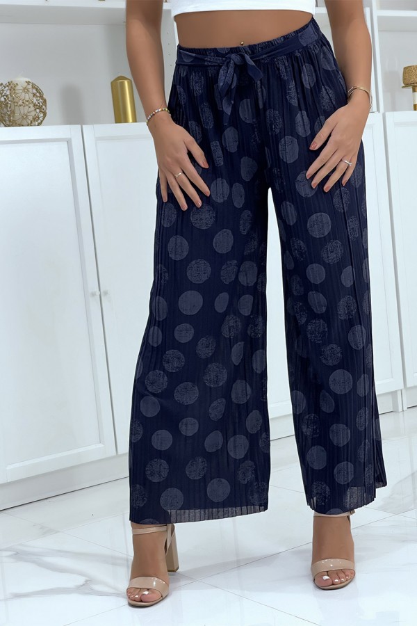 Pantalon palazzo plissé marine avec motif - 1