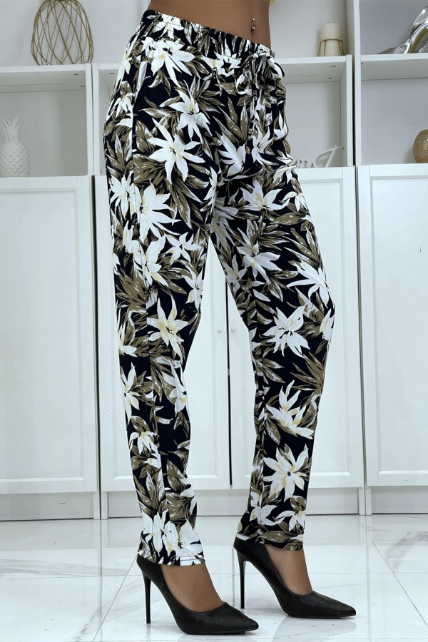 Pantalon fluide marine à motif floral B-10 - 2