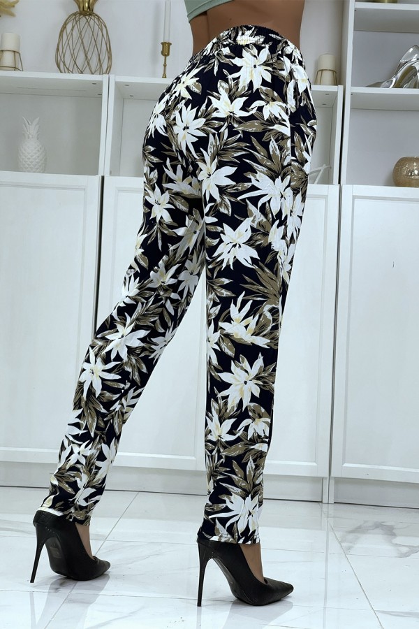 Pantalon fluide marine à motif floral B-10 - 3