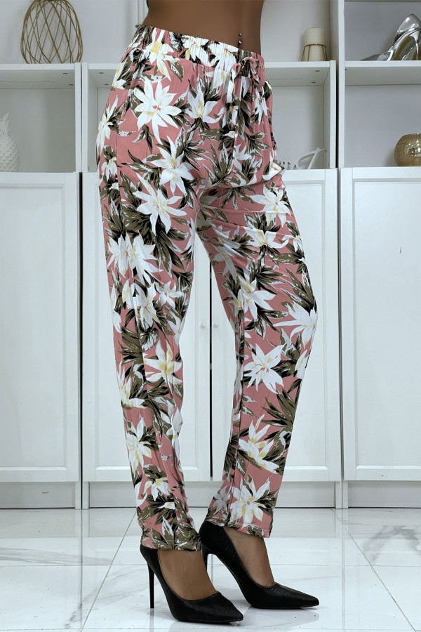 Pantalon fluide rose à motif floral B-10 - 2