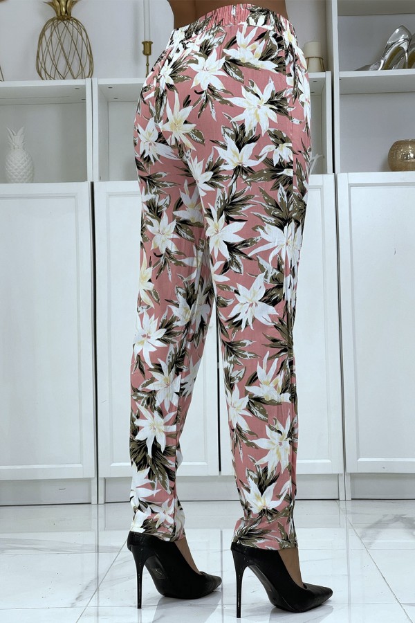 Pantalon fluide rose à motif floral B-10 - 5