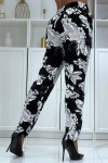 Pantalon fluide noir à motif floral B-47 - 1