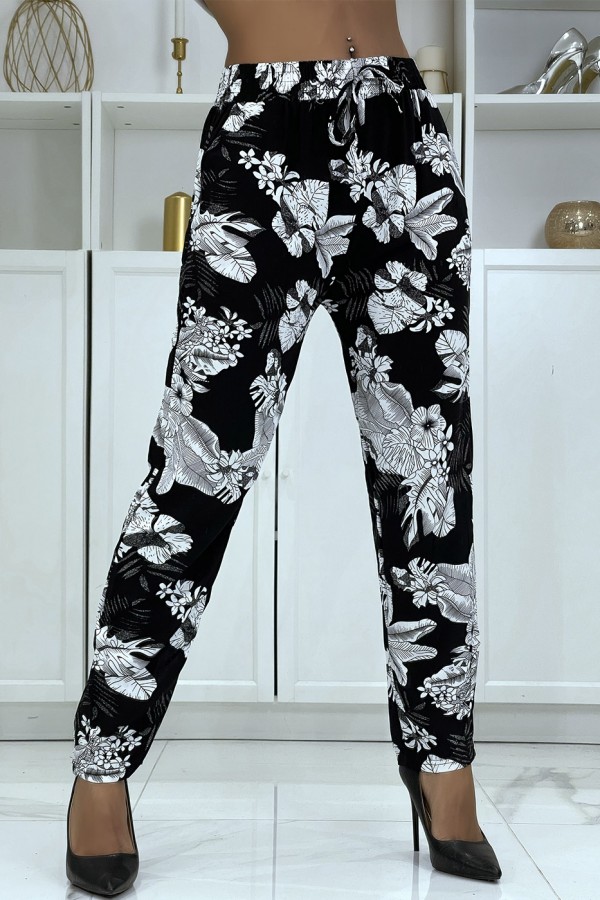 Pantalon fluide noir à motif floral B-47 - 2