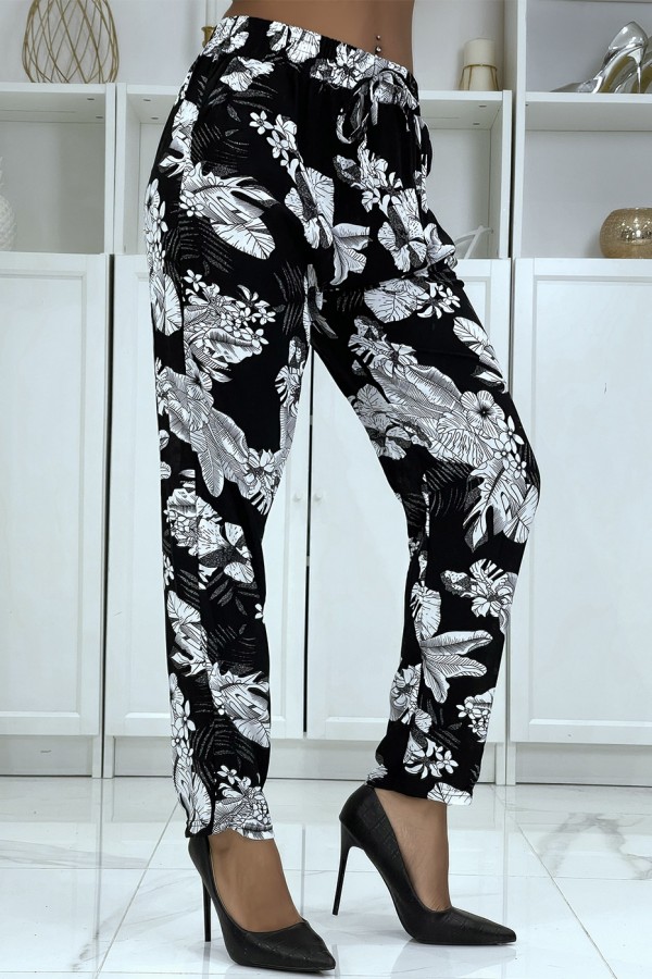 Pantalon fluide noir à motif floral B-47 - 3