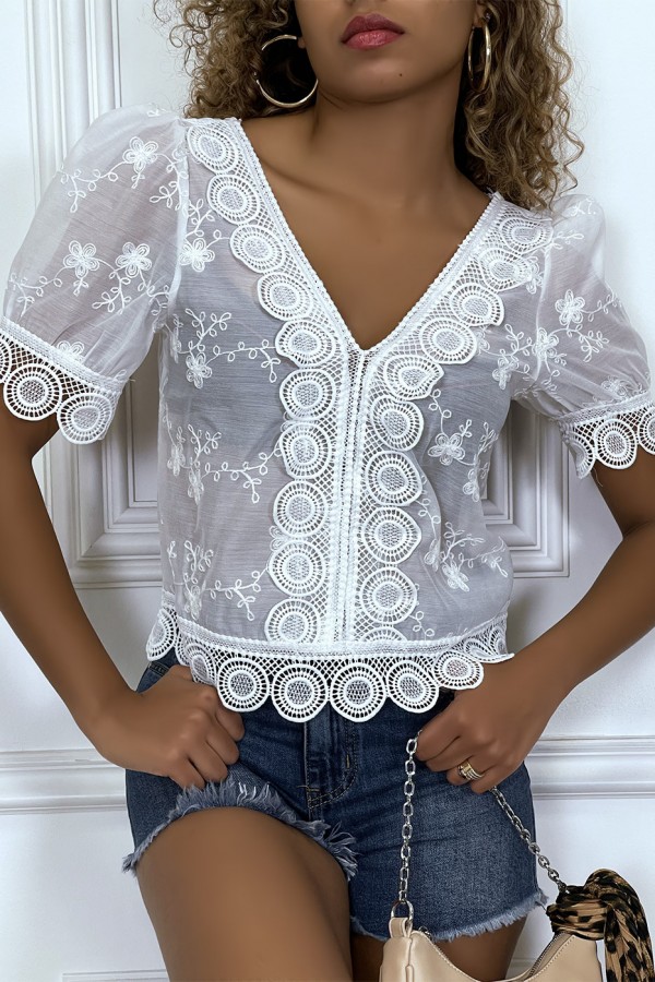 Blouse blanche ajourée en  col V - 2