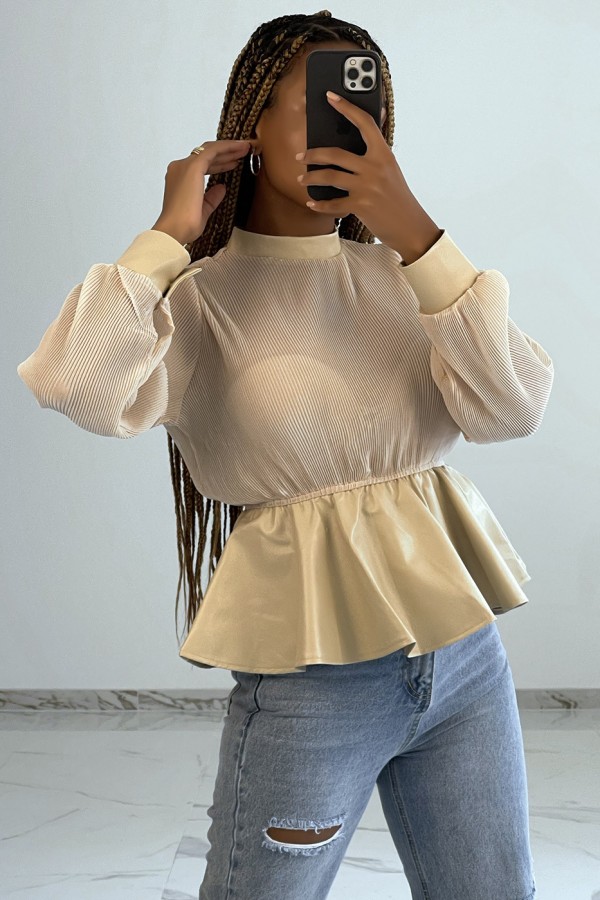 Blouse bi-matière beige en tulle plissée et simiili cuir effet bouffant - 1