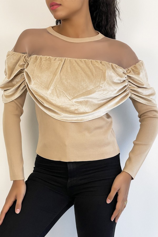 Haut beige effet velours et maille transparente au niveau des épaules pour un effet col bateau - 1