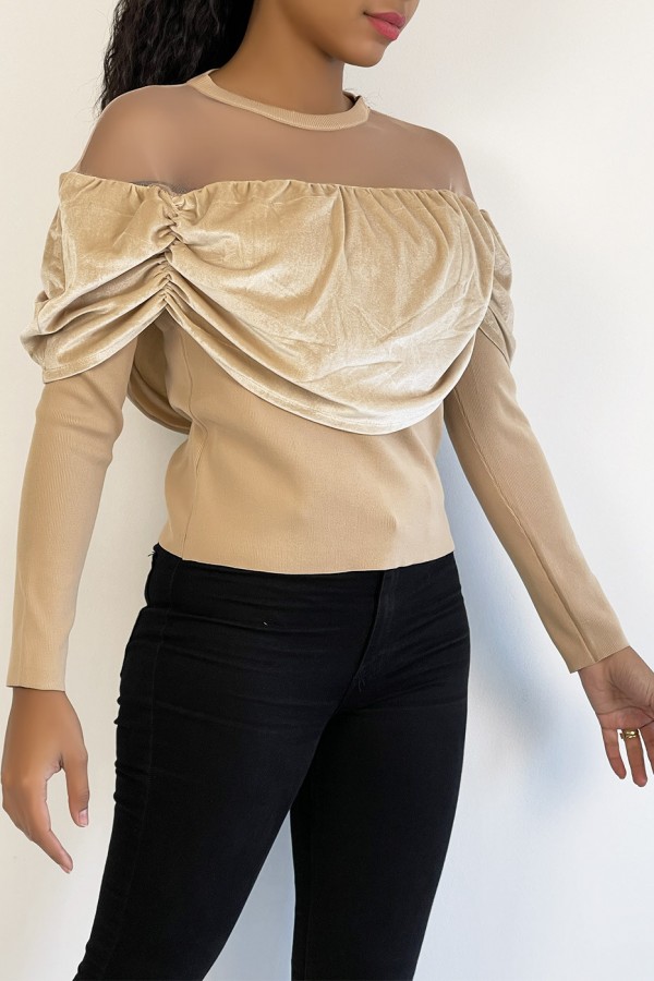 Haut beige effet velours et maille transparente au niveau des épaules pour un effet col bateau - 3