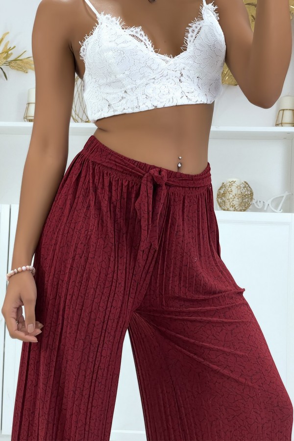 Pantalon plissé fluide bordeaux à motif marbre - 1