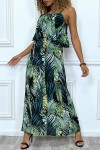 Sublime robe noir motif feuille verte avec bretelle et volant. Vêtement mode femme - 5