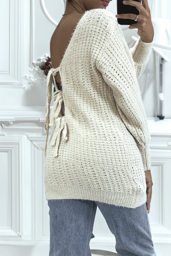 Pull dos-nu beige à nouer en grosse maille et à manches bouffantes - 2