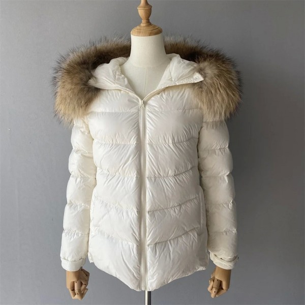 Veste à capuche en duvet de canard blanc pour femme avec col en fourrure de raton laveur véritable|177,62 €|OKKO MODE