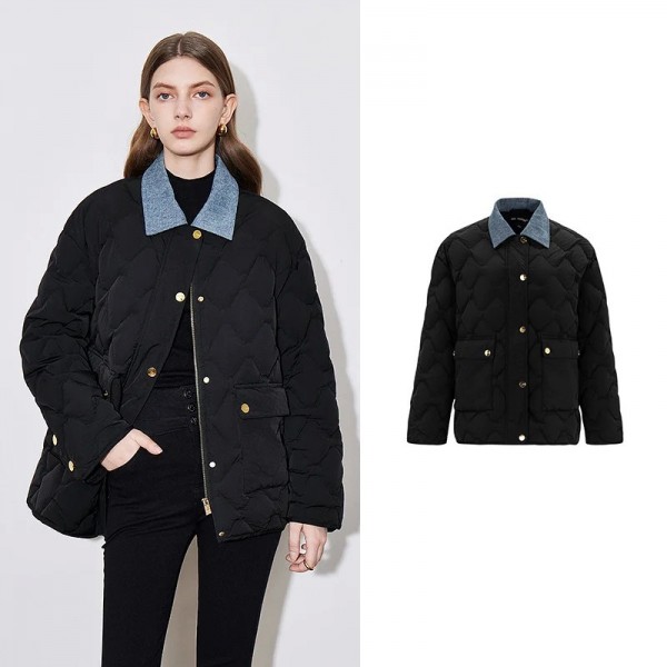 Doudoune légère en denim pour femme, col à revers épissé et fermeture éclair|108,57 €|OKKO MODE