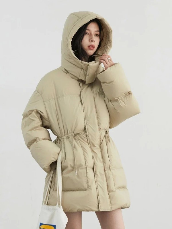 Doudoune à Capuche pour Femme, Monochromatique Bouffante à la Taille Moyen Long 90 Hiver|268,19 €|OKKO MODE