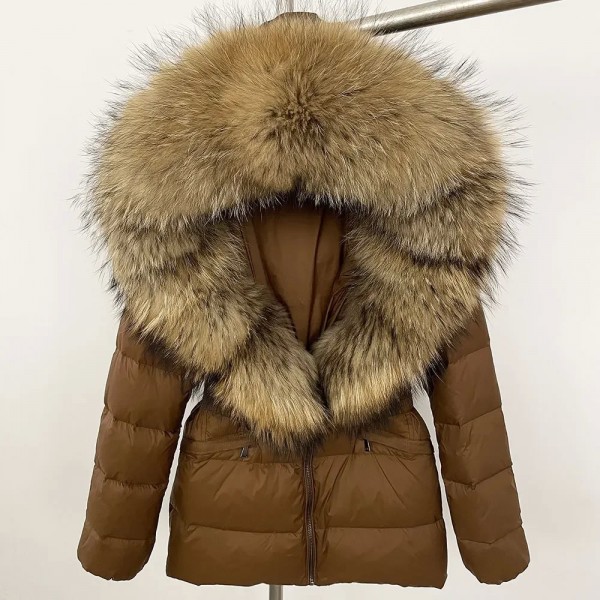 Veste à col en fourrure de raton laveur pour femme, manteau chaud avec capuche et ceinture|129,59 €|OKKO MODE