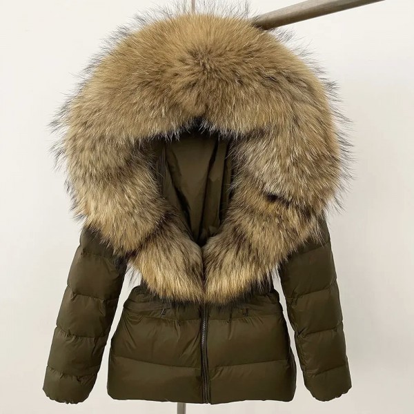 Veste à col en fourrure de raton laveur pour femme, manteau chaud avec capuche et ceinture|129,59 €|OKKO MODE