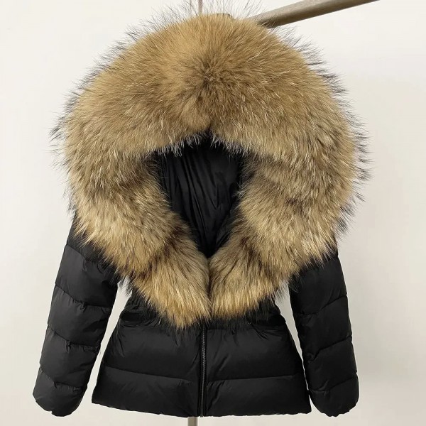 Veste à col en fourrure de raton laveur pour femme, manteau chaud avec capuche et ceinture|129,59 €|OKKO MODE