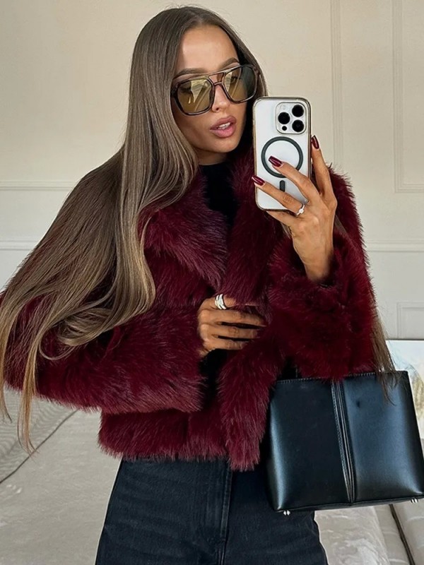 Short Faux Fur Jacket for Women, Plush Coat with Stylish Collar, Warm Streetwear - Red