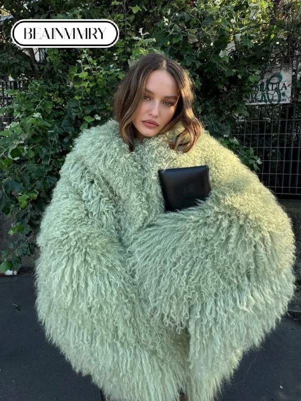 Manteau Respiré en Fausse Fourrure Vert pour Femme, Hiver 2024