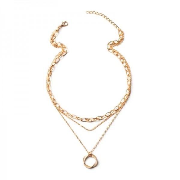 Collier multicouche pendentif rond creux femme style vintage - doré luxueux|1,79 €|OKKO MODE